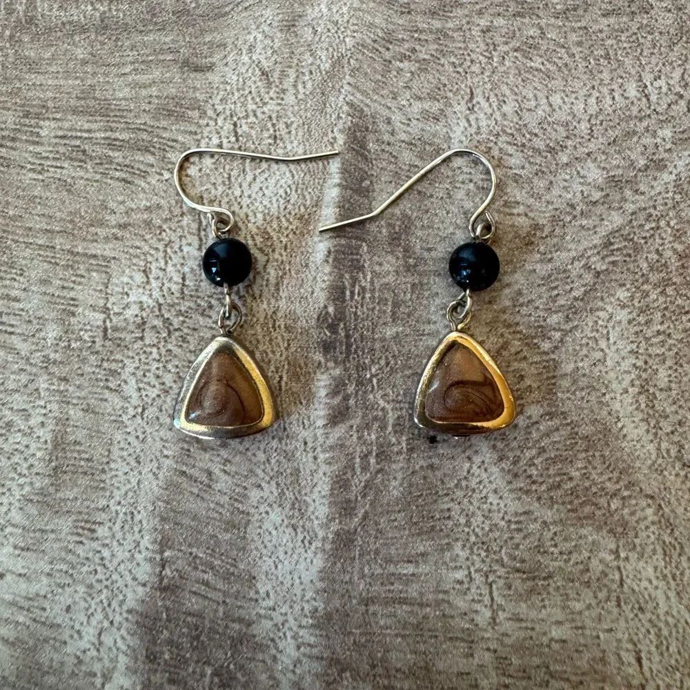 Dainty Dangle Drop Triangle Earrings Black & Gold Tones Enameled Neutral Tone